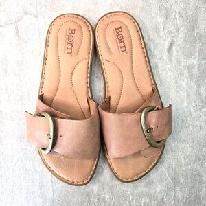 Born Slides Leather Brown Minimalist Buckle Slip On Comfort Flat Sandals Size 8